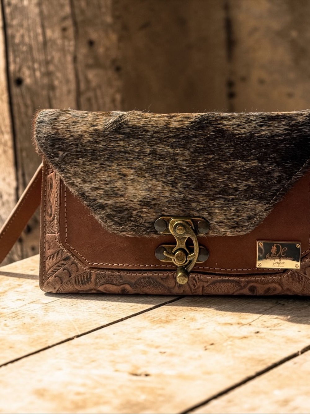 Leather and Fur Brown Crossbody Bag with Brass Clasp